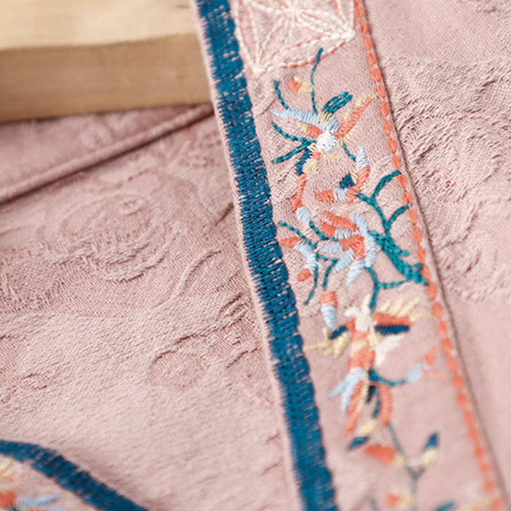 Buddha Stones Embroidered Flowers Grass Frog-Button Long Sleeve Cotton Women's Shirt - image 12