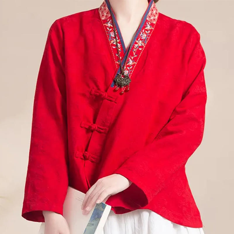 Buddha Stones Embroidered Flowers Grass Frog-Button Long Sleeve Cotton Women's Shirt - image 19