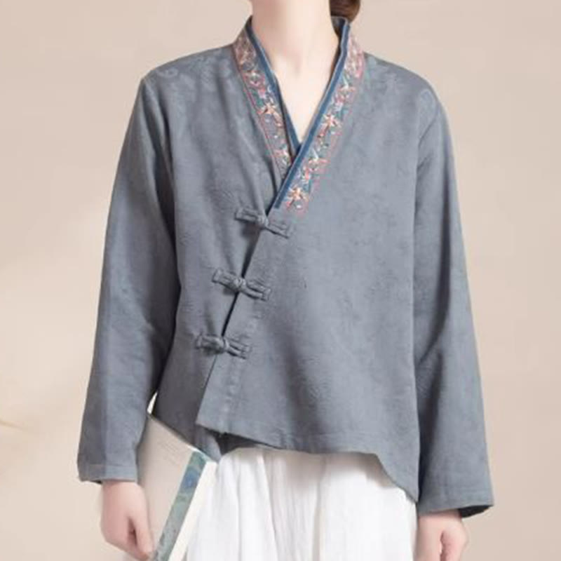 Buddha Stones Embroidered Flowers Grass Frog-Button Long Sleeve Cotton Women's Shirt - image 22