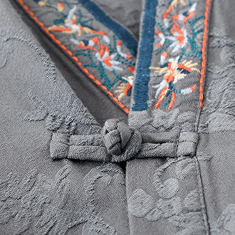 Buddha Stones Embroidered Flowers Grass Frog-Button Long Sleeve Cotton Women's Shirt - image 24