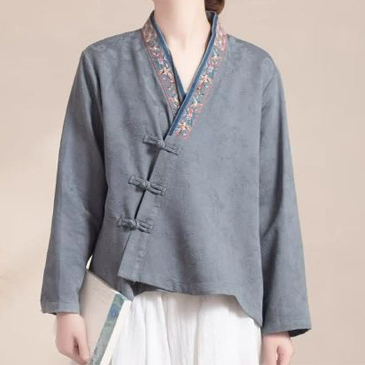 Buddha Stones Embroidered Flowers Grass Frog-Button Long Sleeve Cotton Women's Shirt - Gray - US8-10，UK/AU12-14，EU40-42 (3XL) - image 20