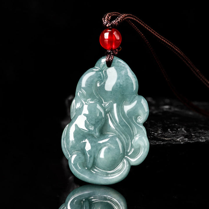 Buddha Stones Natural Green Jade Nine Tailed Fox Fairy Prosperity Necklace Pendant
