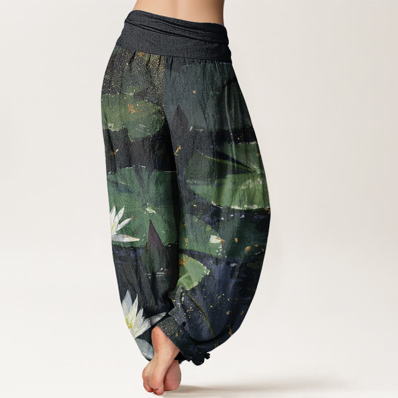 Buddha Stones Casual Lotus Leaves On The Lake Pattern Women's Elastic Waist Harem Pants - image 3
