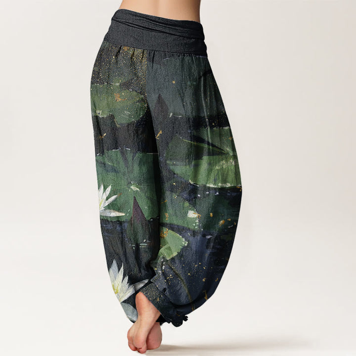 Buddha Stones Casual Lotus Leaves On The Lake Pattern Women's Elastic Waist Harem Pants - image 3