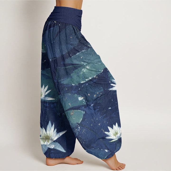 Buddha Stones Casual Lotus Leaves On The Lake Pattern Women's Elastic Waist Harem Pants - image 6