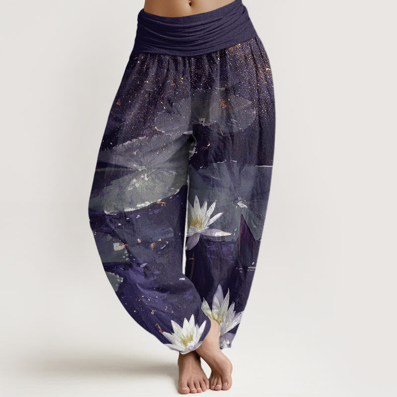 Buddha Stones Casual Lotus Leaves On The Lake Pattern Women's Elastic Waist Harem Pants - Indigo - US22，UK/AU26，EU54 (6XL) - image 8