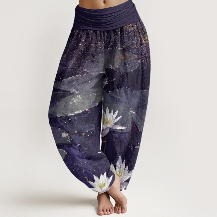 Buddha Stones Casual Lotus Leaves On The Lake Pattern Women's Elastic Waist Harem Pants - Indigo - US22，UK/AU26，EU54 (6XL) - image 8