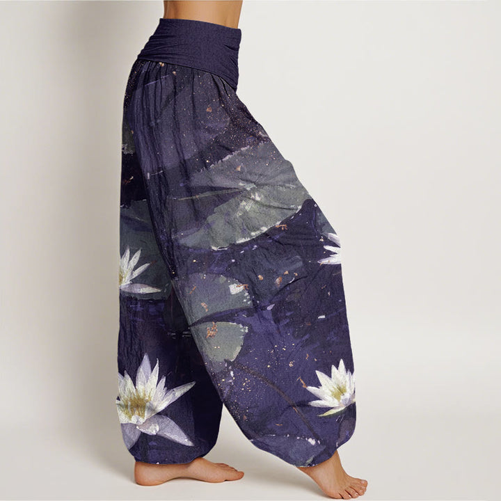 Buddha Stones Casual Lotus Leaves On The Lake Pattern Women's Elastic Waist Harem Pants - image 9
