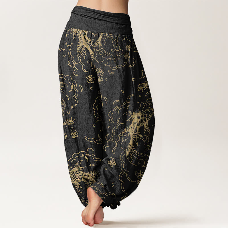 Buddha Stones Cotton Casual Koi Fish Waves And Petal Line Pattern Women's Elastic Waist Harem Pants - image 2