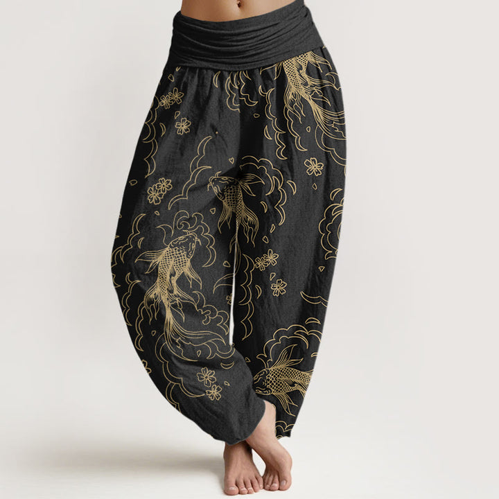 Buddha Stones Cotton Casual Koi Fish Waves And Petal Line Pattern Women's Elastic Waist Harem Pants - Black - US22，UK/AU26，EU54 (6XL) - image 0
