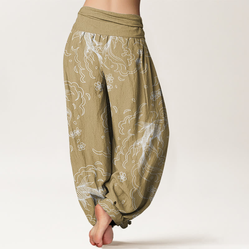 Buddha Stones Cotton Casual Koi Fish Waves And Petal Line Pattern Women's Elastic Waist Harem Pants - image 6
