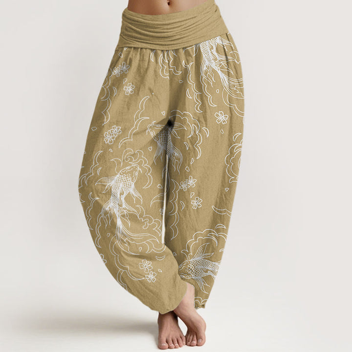 Buddha Stones Casual Koi Fish Waves And Petal Line Pattern Women's Elastic Waist Harem Pants - PaleGoldenrod - US22，UK/AU26，EU54 (6XL) - image 5