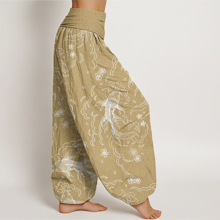 Buddha Stones Casual Koi Fish Waves And Petal Line Pattern Women's Elastic Waist Harem Pants - image 6