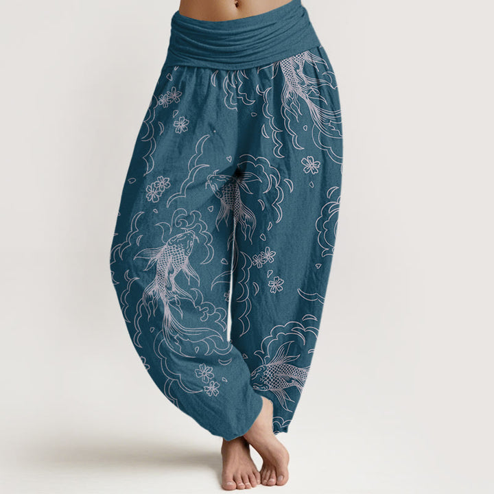 Buddha Stones Casual Koi Fish Waves And Petal Line Pattern Women's Elastic Waist Harem Pants - SteelBlue - US22，UK/AU26，EU54 (6XL) - image 8