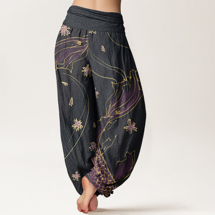 Buddha Stones Casual Koi Fish Cherry Blossom Petal Pattern Women's Elastic Waist Harem Pants - image 3