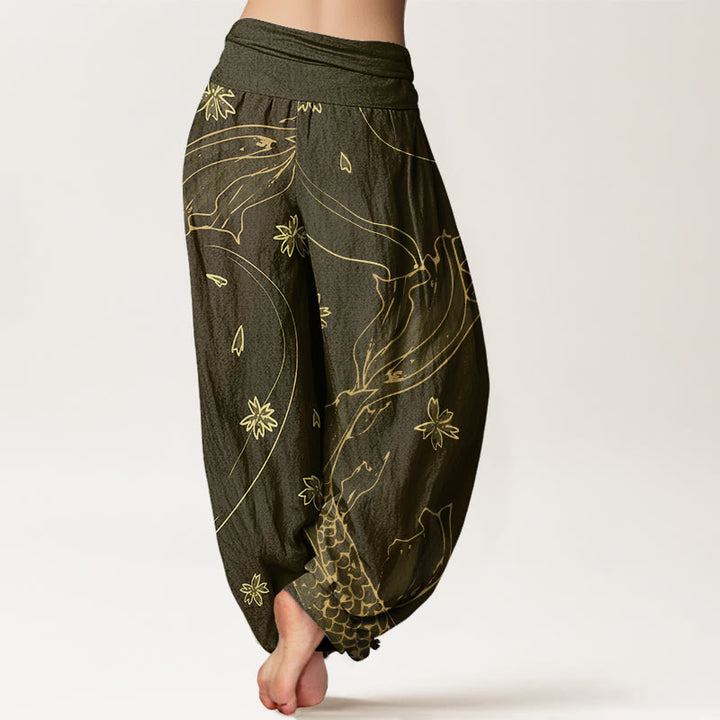Buddha Stones Casual Koi Fish Cherry Blossom Petal Pattern Women's Elastic Waist Harem Pants - image 7