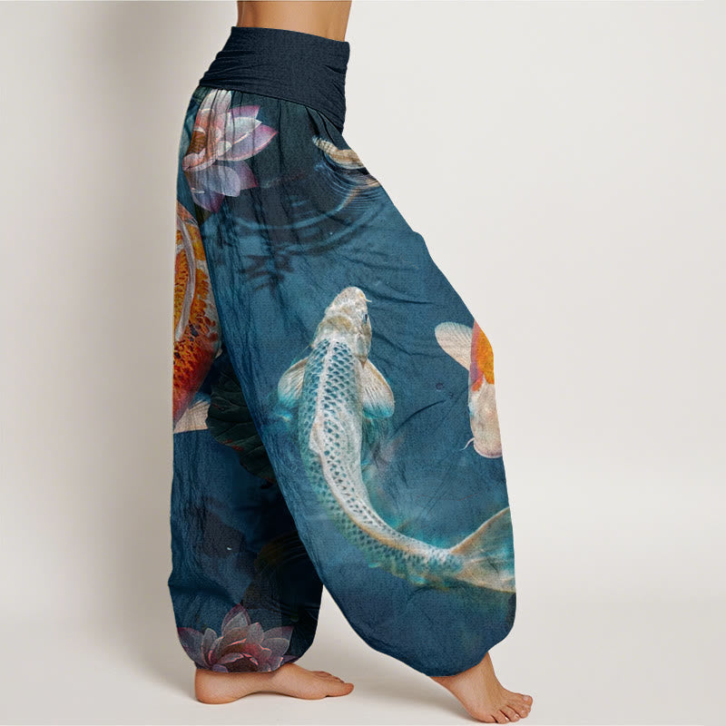 Buddha Stones Casual Koi Fish Lotus Water Ripples Pattern Women's Elastic Waist Harem Pants - image 2