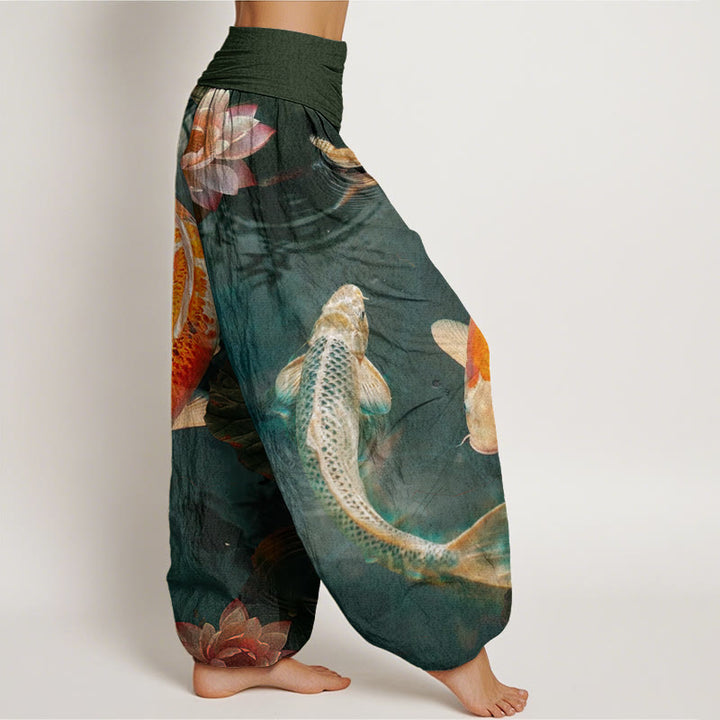 Buddha Stones Casual Koi Fish Lotus Water Ripples Pattern Women's Elastic Waist Harem Pants - image 9