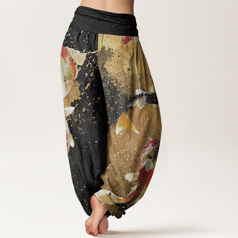 Buddha Stones Casual Koi Fish Gold Ink Background Pattern Women's Elastic Waist Harem Pants - image 2