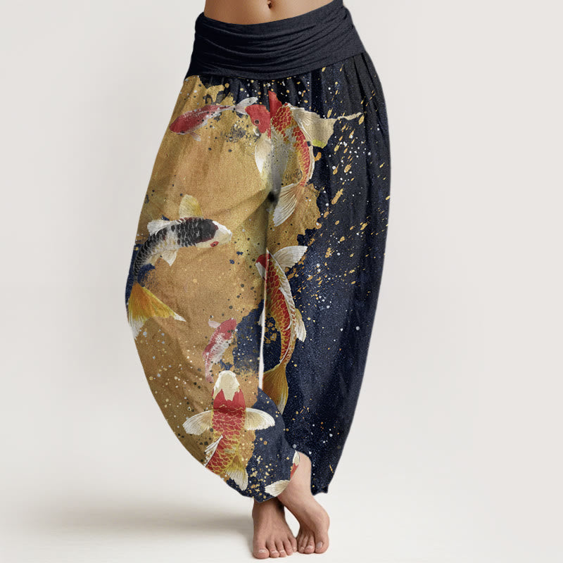 Buddha Stones Cotton Casual Koi Fish Gold Ink Background Pattern Women's Elastic Waist Harem Pants - MidnightBlue - US22，UK/AU26，EU54 (6XL) - image 4