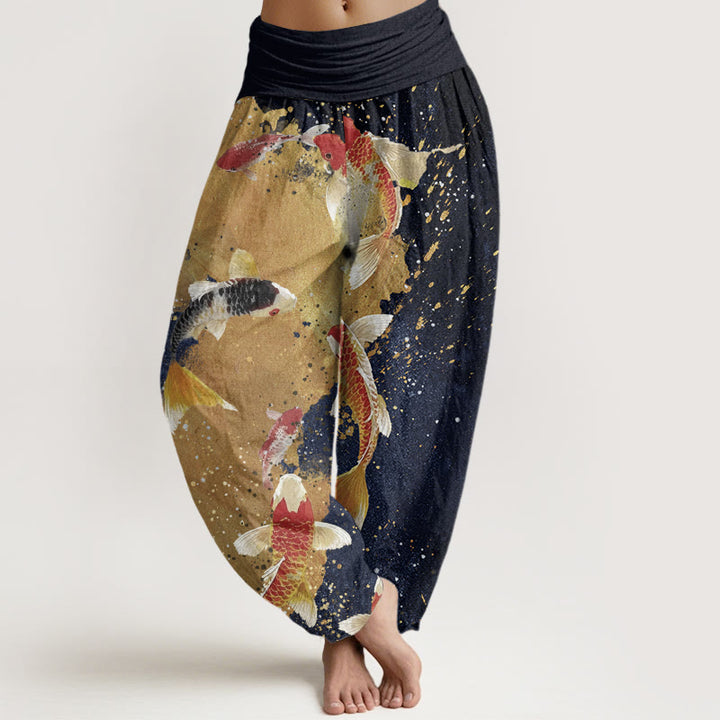 Buddha Stones Cotton Casual Koi Fish Gold Ink Background Pattern Women's Elastic Waist Harem Pants - MidnightBlue - US22，UK/AU26，EU54 (6XL) - image 4