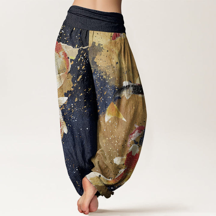 Buddha Stones Casual Koi Fish Gold Ink Background Pattern Women's Elastic Waist Harem Pants - image 7
