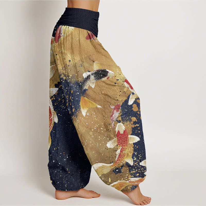 Buddha Stones Cotton Casual Koi Fish Gold Ink Background Pattern Women's Elastic Waist Harem Pants - image 5