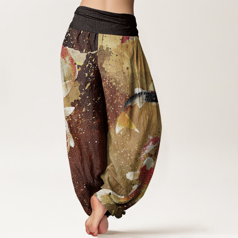 Buddha Stones Casual Koi Fish Gold Ink Background Pattern Women's Elastic Waist Harem Pants - image 10