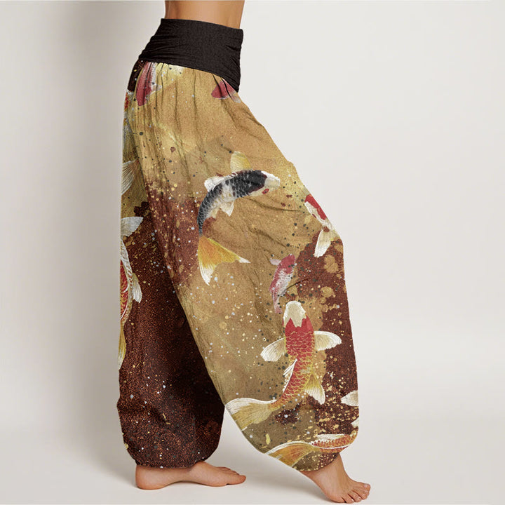 Buddha Stones Casual Koi Fish Gold Ink Background Pattern Women's Elastic Waist Harem Pants - image 9