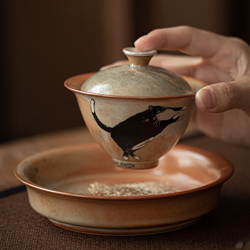 Buddha Stones Cute Cat Ceramic Gaiwan Teacup Kung Fu Tea Cup With Lid 130ml - image 10