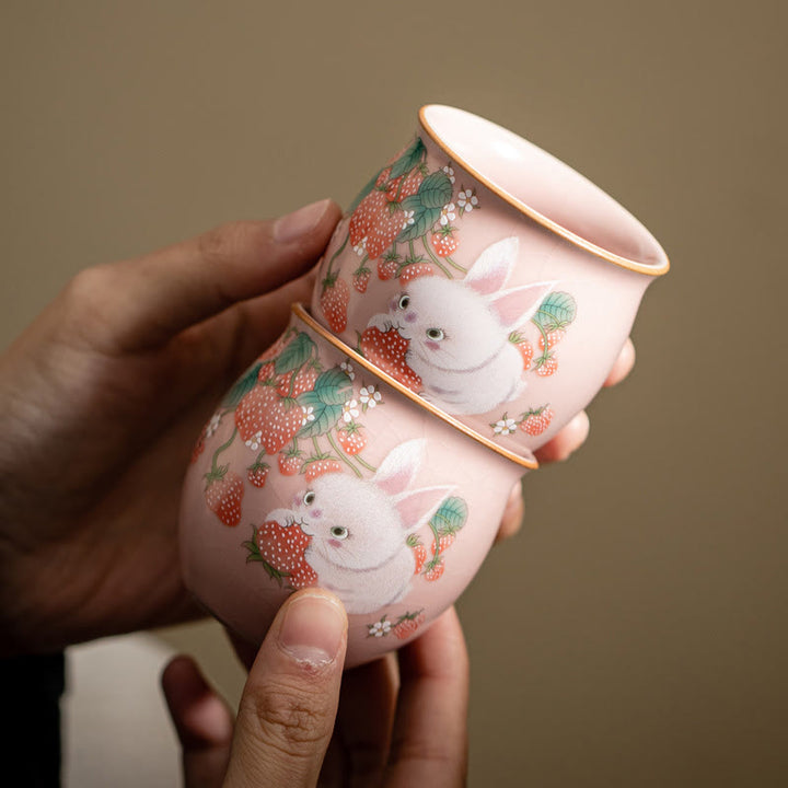 Buddha Stones Small Strawberry Rabbit Teacup Kung Fu Tea Cup 90ml With Gift Box