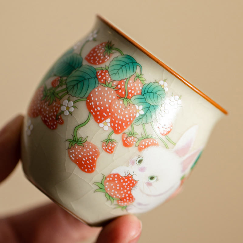 Buddha Stones Small Strawberry Rabbit Teacup Kung Fu Tea Cup 90ml With Gift Box
