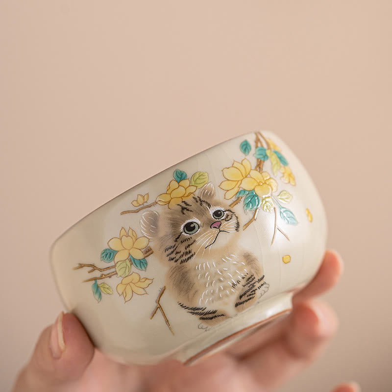 Buddha Stones Cute Cat Yellow Flowers Rabbit Teacup Kung Fu Tea Cup - image 2