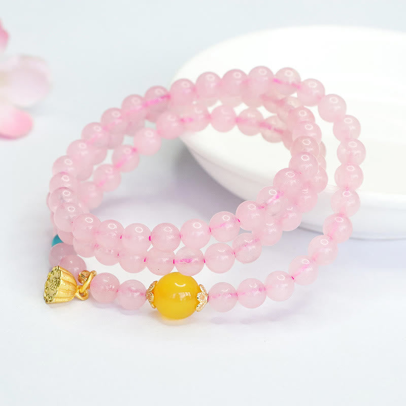 Buddha Stones Pink Crystal Multi-Circle Yellow Chalcedony Lotus Warmth Bracelet