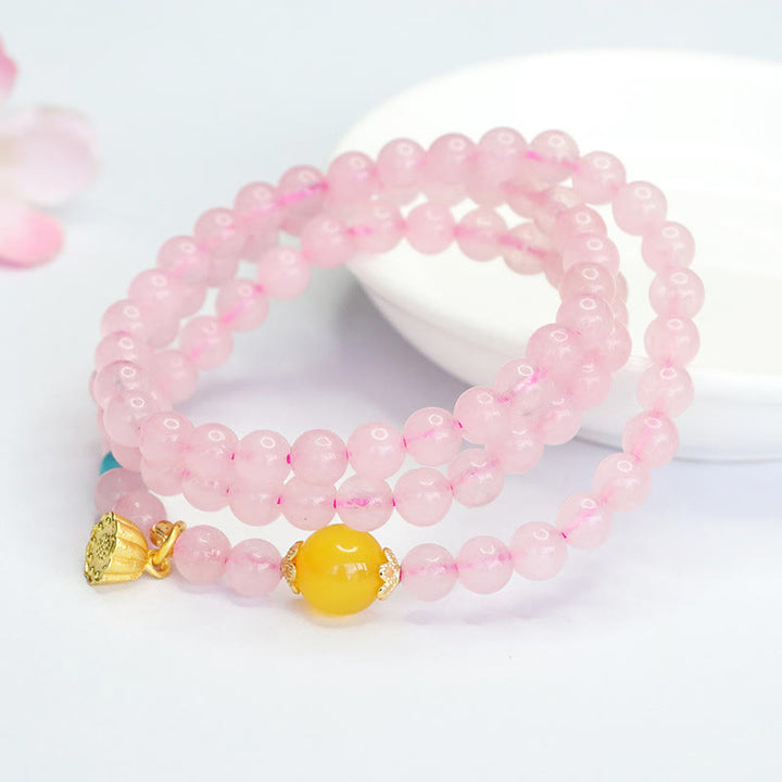 Buddha Stones Pink Crystal Multi-Circle Yellow Chalcedony Lotus Warmth Bracelet