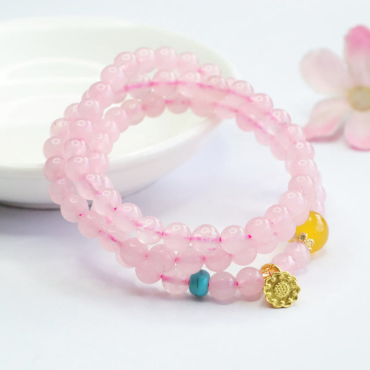 Buddha Stones Pink Crystal Multi-Circle Yellow Chalcedony Lotus Warmth Bracelet