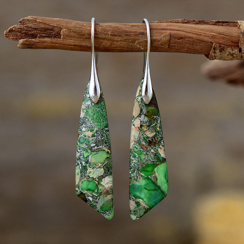 Buddha Stones Natural Emperor Stone Geometric Crystal Anti-Stress Earrings - Green Emperor Stone(Copper Posts)-Silvery - image 5