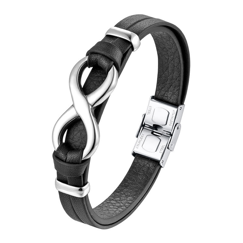 Buddha Stones Endless Knot Titanium Steel Strengthen Leather Buckle Bracelet