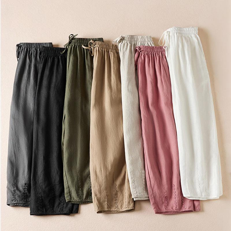 Buddha Stones Summer Small Flower Embroidery Cotton Linen Harem Pants With Pockets - image 2