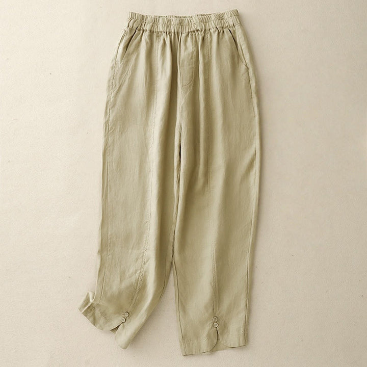 Buddha Stones Summer Solid Color Side Button Design Cotton Linen Women's Harem Pants With Pockets