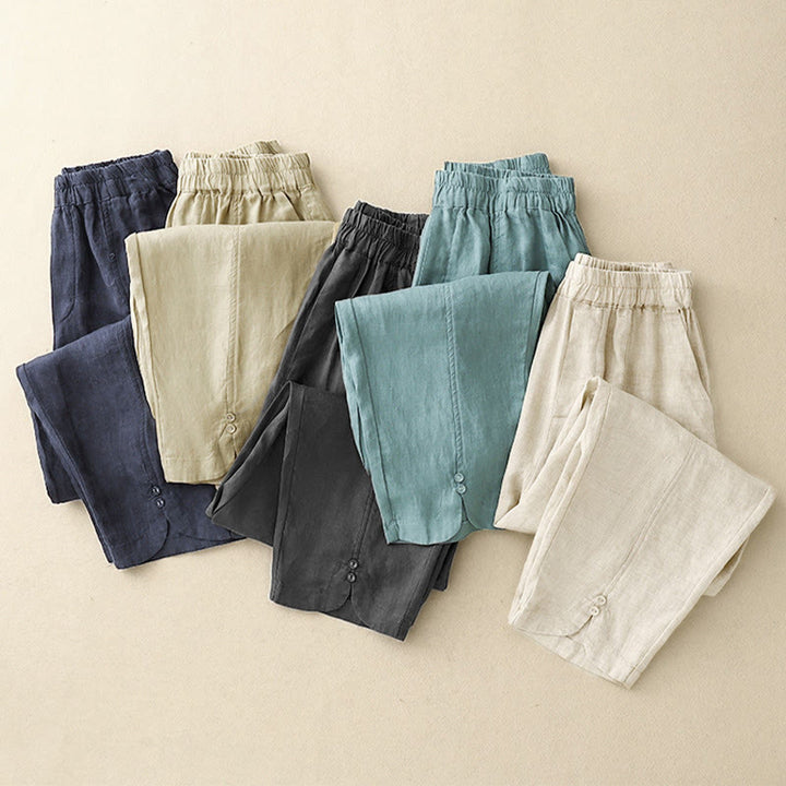 Buddha Stones Summer Solid Color Side Button Design Cotton Linen Women's Harem Pants With Pockets