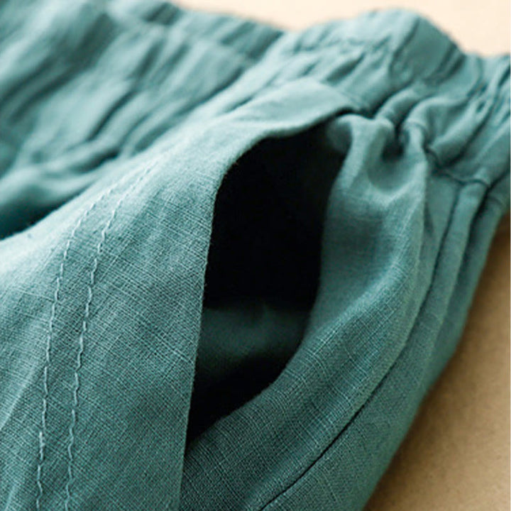 Buddha Stones Summer Solid Color Side Button Design Cotton Linen Women's Harem Pants With Pockets