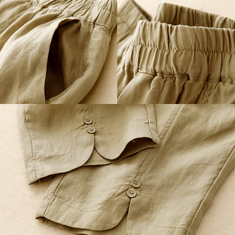 Buddha Stones Summer Solid Color Side Button Design Cotton Linen Women's Harem Pants With Pockets
