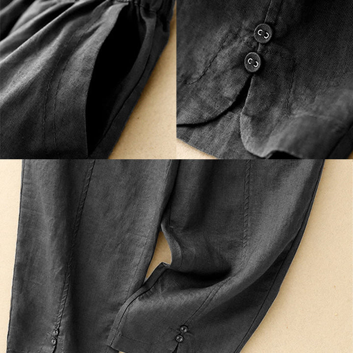 Buddha Stones Summer Solid Color Side Button Design Cotton Linen Women's Harem Pants With Pockets
