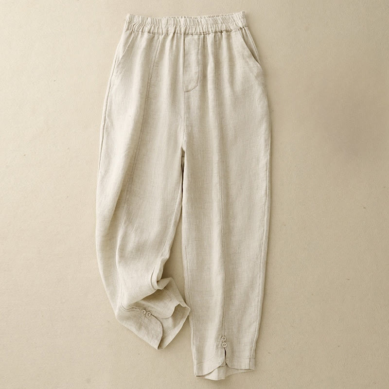 Buddha Stones Summer Solid Color Side Button Design Cotton Linen Women's Harem Pants With Pockets