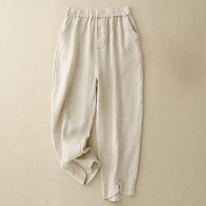 Buddha Stones Summer Solid Color Side Button Design Cotton Linen Women's Harem Pants With Pockets
