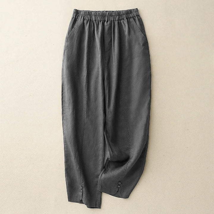 Buddha Stones Summer Solid Color Side Button Design Cotton Linen Women's Harem Pants With Pockets