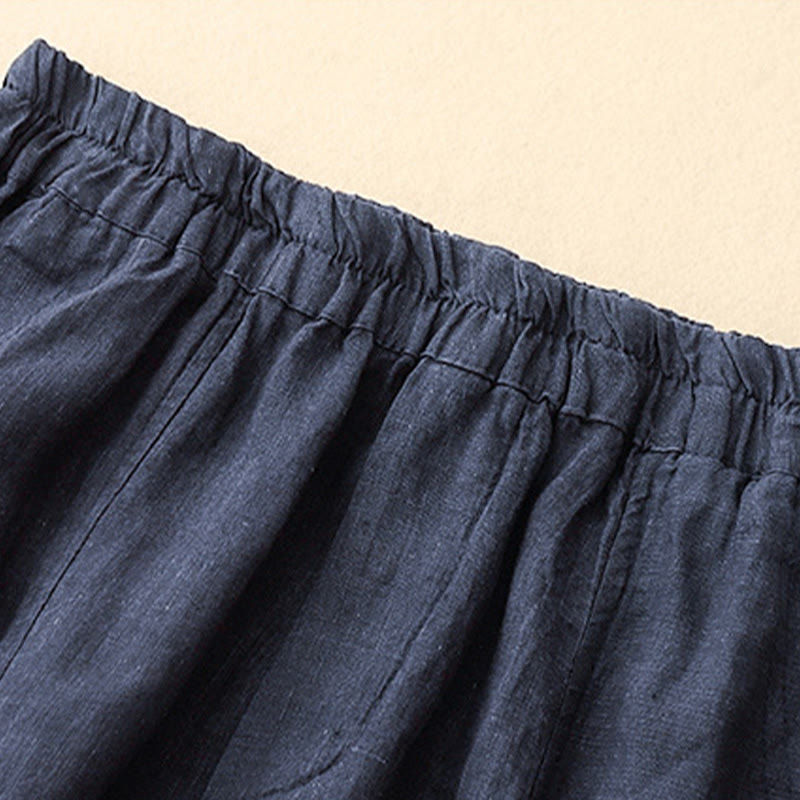 Buddha Stones Summer Solid Color Side Button Design Cotton Linen Women's Harem Pants With Pockets