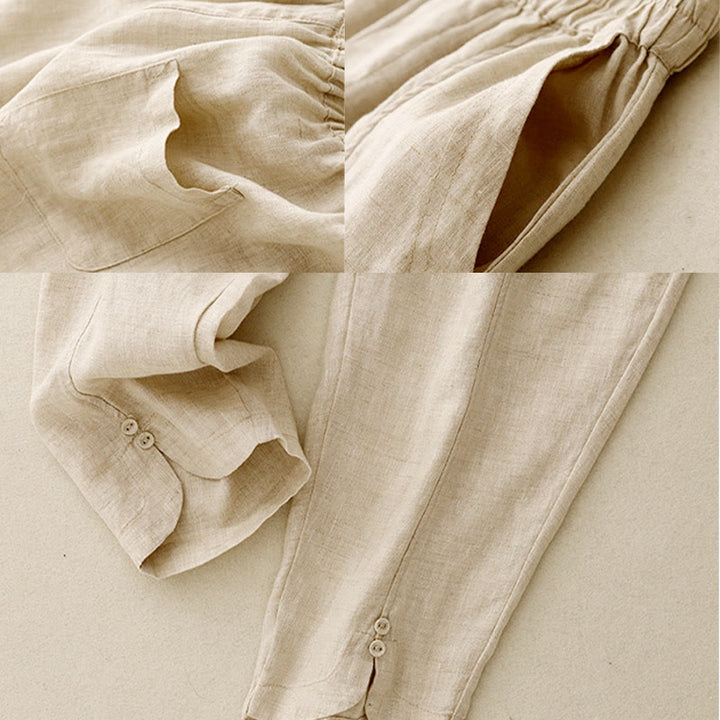 Buddha Stones Summer Solid Color Side Button Design Cotton Linen Women's Harem Pants With Pockets