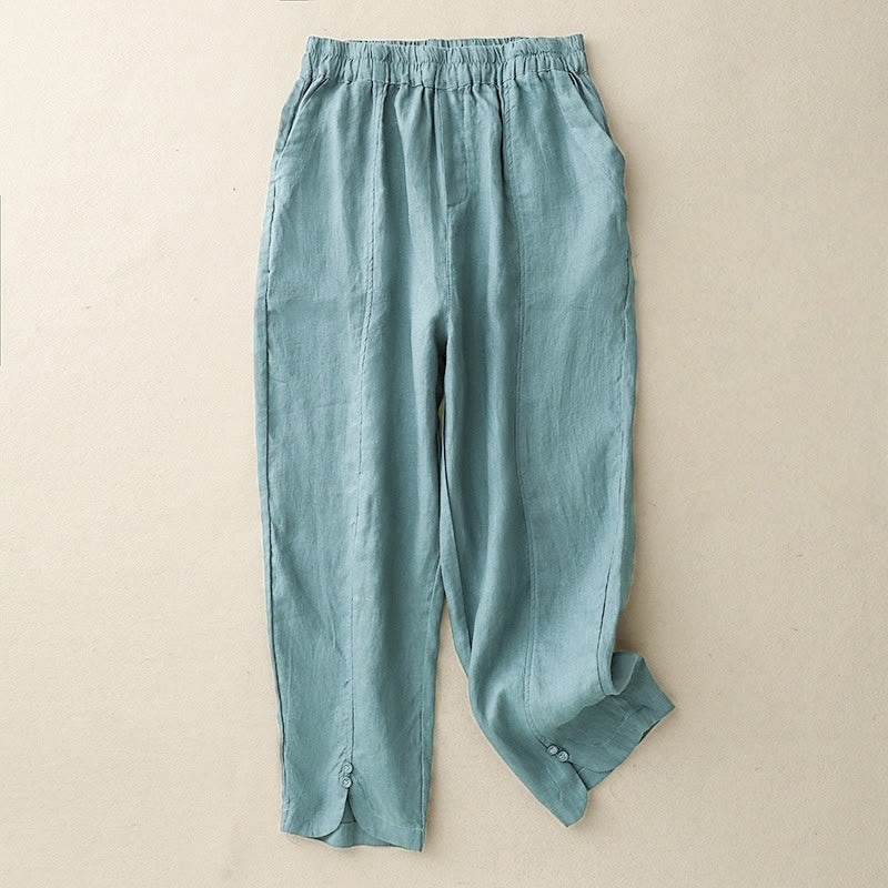 Buddha Stones Summer Solid Color Side Button Design Cotton Linen Women's Harem Pants With Pockets